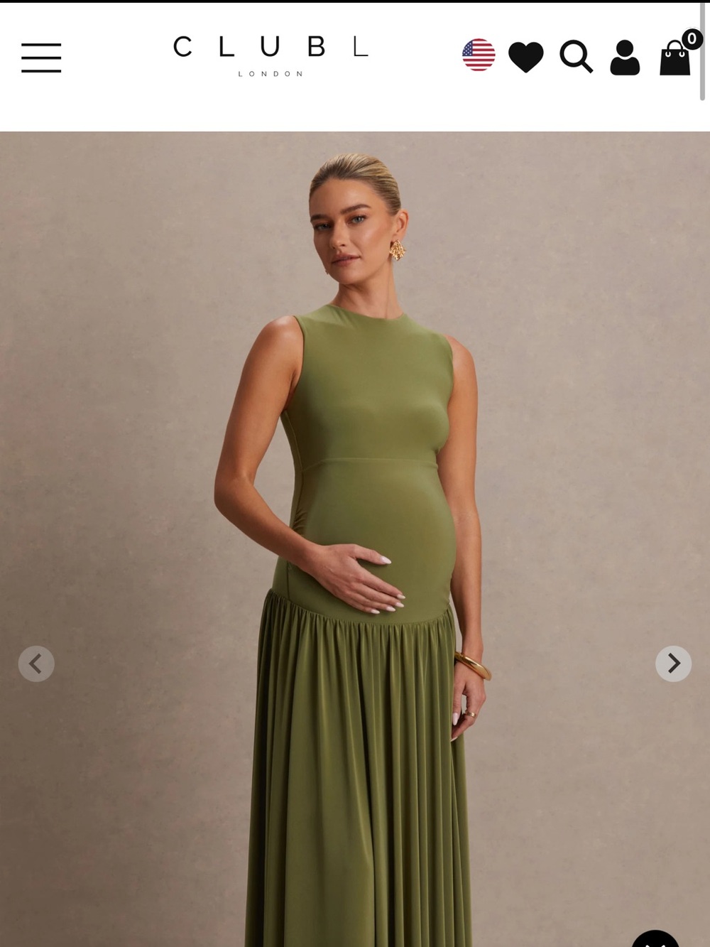 Club L London Outline | Olive Crew-Neck Maternity Maxi Dress With Pleated Skirt